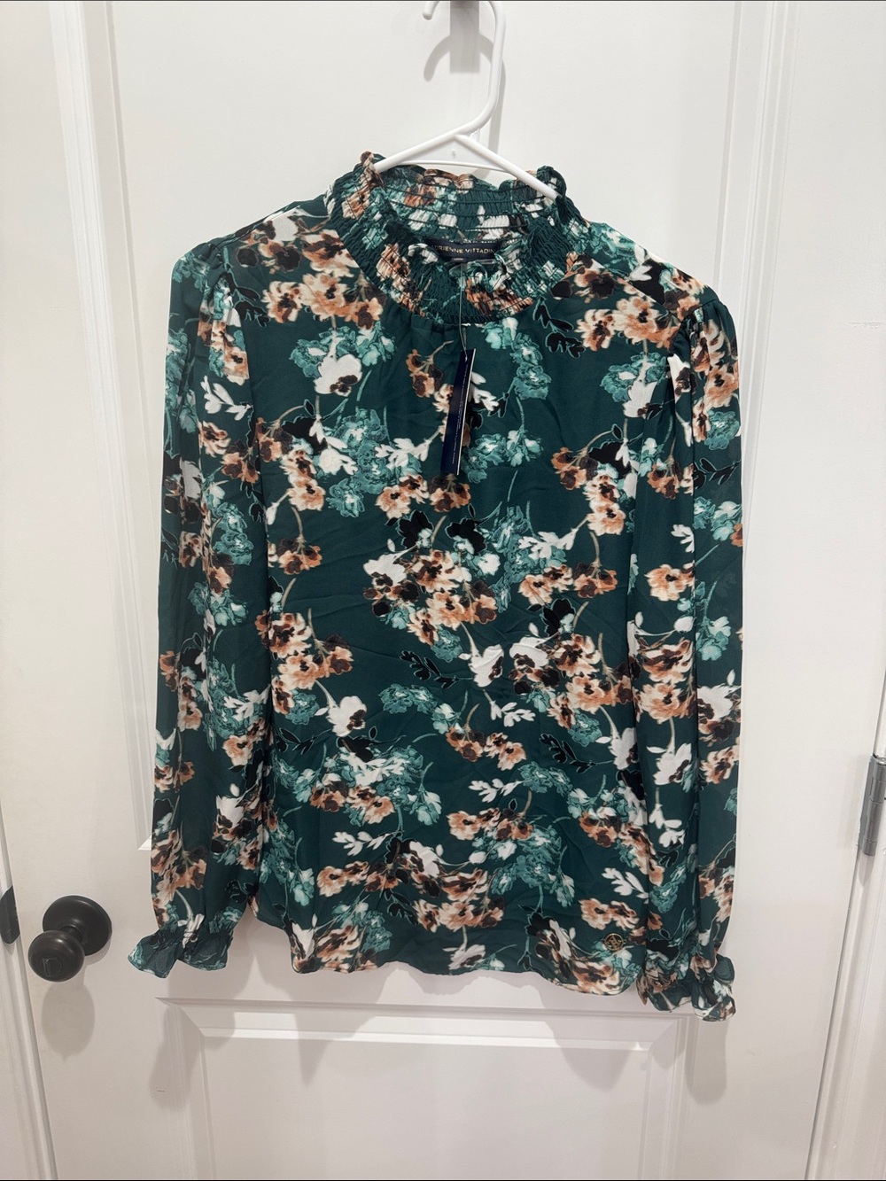 Adrienne Vittadini Teal Floral Smocked Neck Blouse